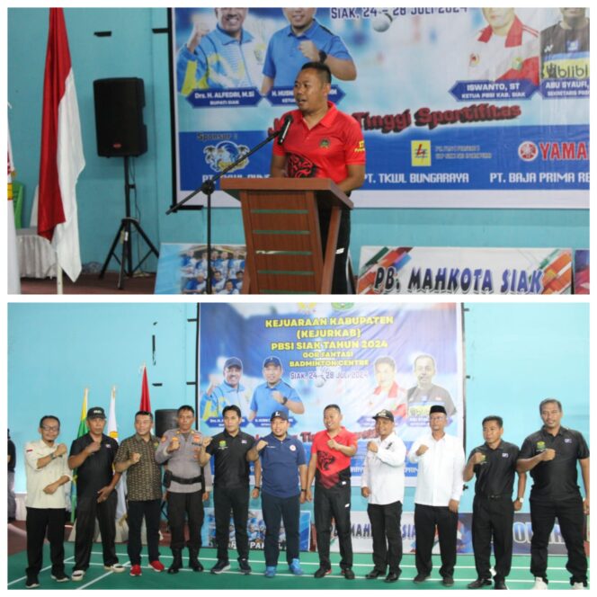 
 Pembukaan Kejuaraan Kabupaten Bulu Tangkis PBSI Siak 2024 Resmi Digelar Dengan Ditandai Pemukulan Shuttlecock oleh Dandim Siak dan Ketua KONI Siak